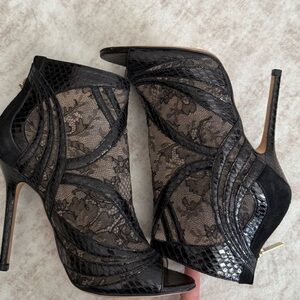 Jimmy Choo Black Lace Peep-Toe Heels